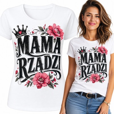 Koszulka damska „Mama rządzi” z koroną i różowymi piwoniami