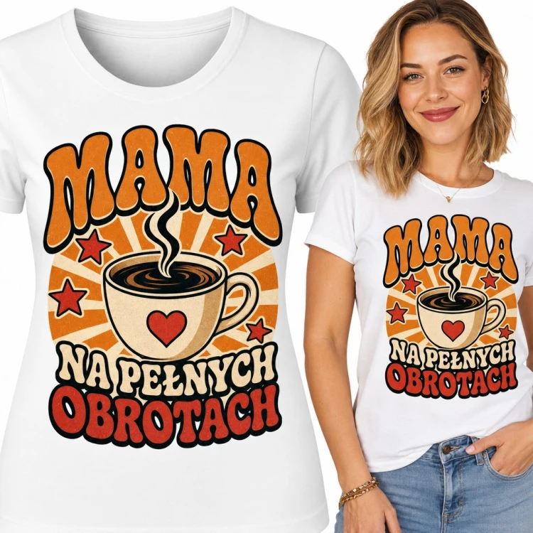Koszulka damska „Mama na pełnych obrotach” - retro filiżanka kawy z sercem