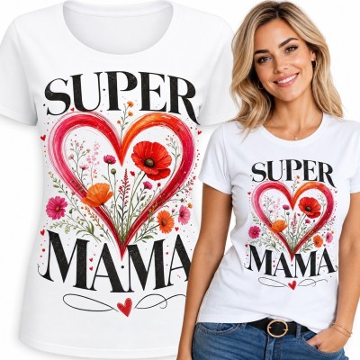 Koszulka damska „Super mama” - serce z makami i polnymi kwiatami