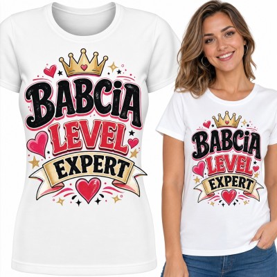 Koszulka damska „Babcia level expert” ze złotą koroną i sercami