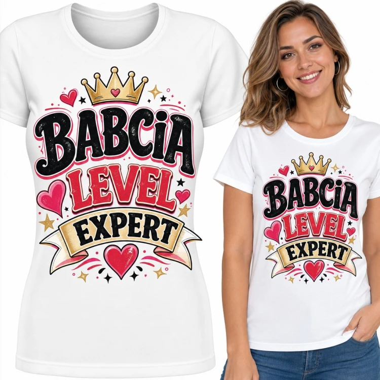 Koszulka damska „Babcia level expert” ze złotą koroną i sercami