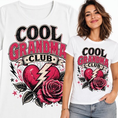 Koszulka damska „Cool Grandma Club” - serce z błyskawicą i róża dla babci