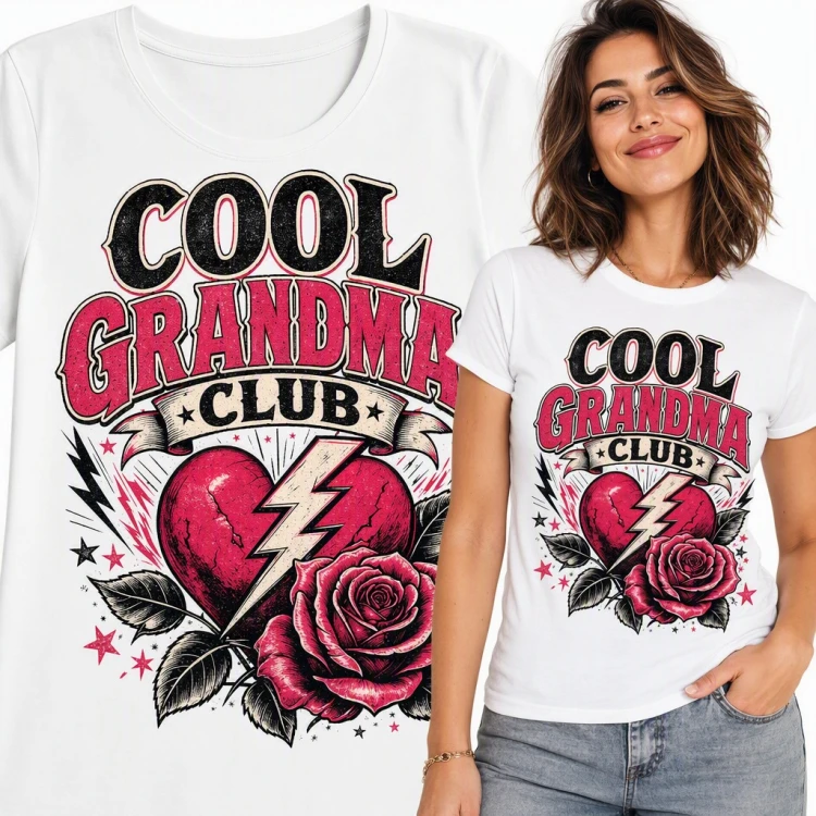 Koszulka damska „Cool Grandma Club” - serce z błyskawicą i róża dla babci