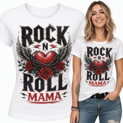 Koszulka damska „Rock n Roll Mama” - skrzydlate serce w cierniach i róże