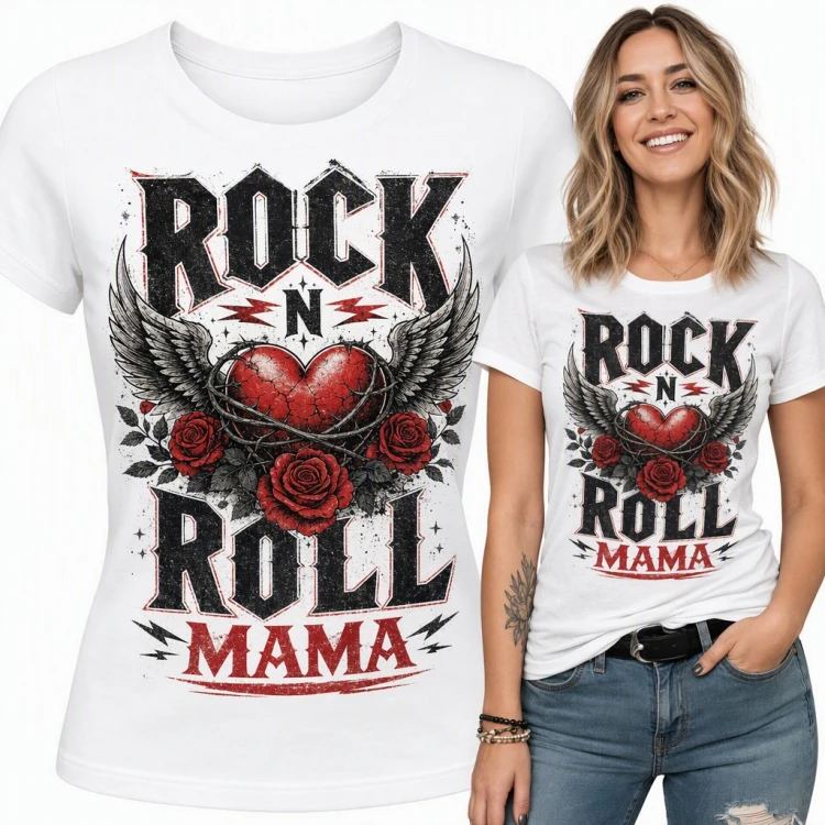 Koszulka damska „Rock n Roll Mama” - skrzydlate serce w cierniach i róże