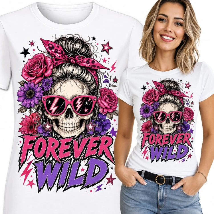 Koszulka damska czaszka w różowych okularach i bandanie wśród róż „Forever wild”
