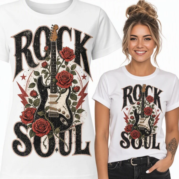 Koszulka damska „Rock Soul” - gitara elektryczna w czerwonych różach