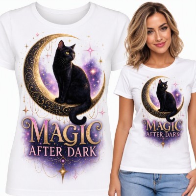 Koszulka damska czarny kot na złotym półksiężycu „Magic after dark”