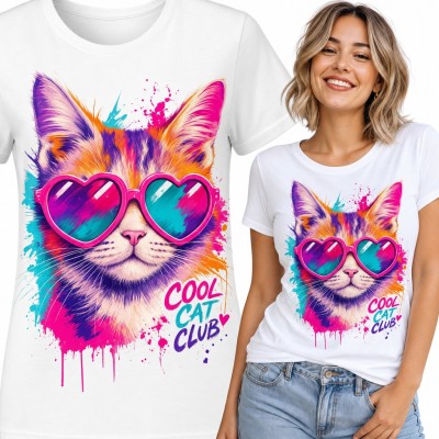 Koszulka damska z kotem w okularach serca - „Cool Cat Club”