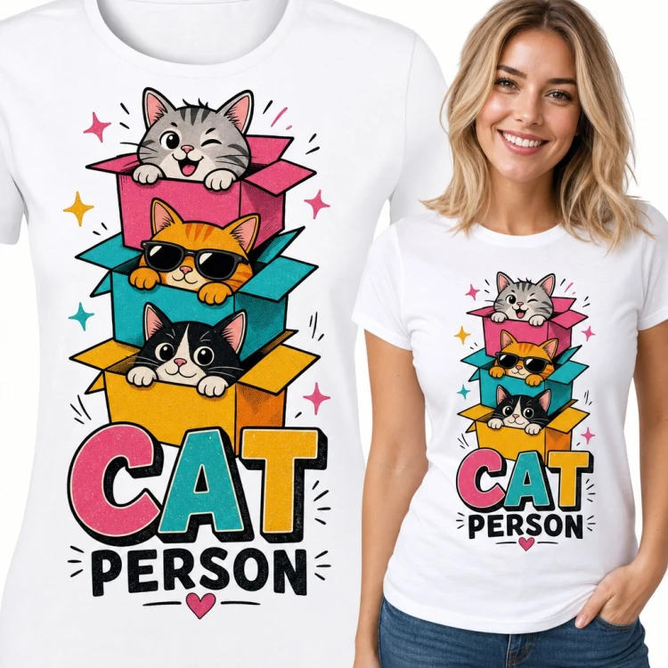 Koszulka damska „Cat person” - trzy koty w kolorowych pudełkach dla kociary