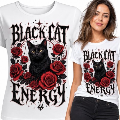 Koszulka damska z czarnym kotem i czerwonymi różami „Black Cat Energy” w gotyckim stylu