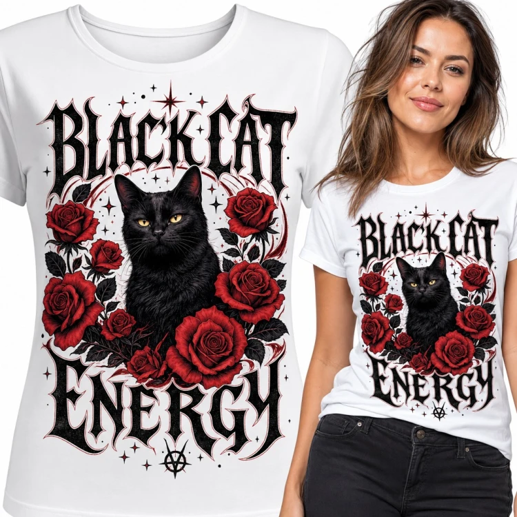 Koszulka damska z czarnym kotem i czerwonymi różami „Black Cat Energy” w gotyckim stylu