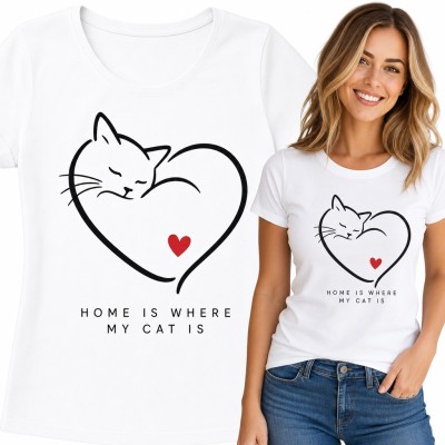Koszulka damska „Home is where my cat is” - śpiący kot w sercu dla kociary