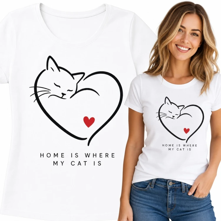 Koszulka damska „Home is where my cat is” - śpiący kot w sercu dla kociary