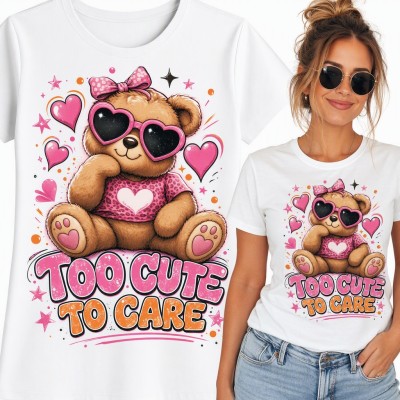 Koszulka damska z misiem w okularach serca „Too cute to care”