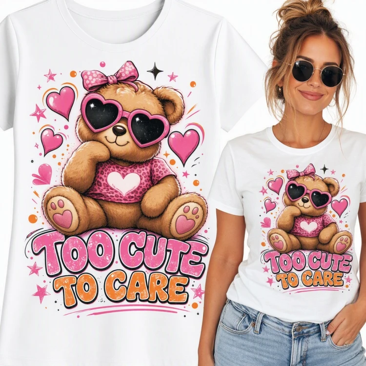 Koszulka damska z misiem w okularach serca „Too cute to care”
