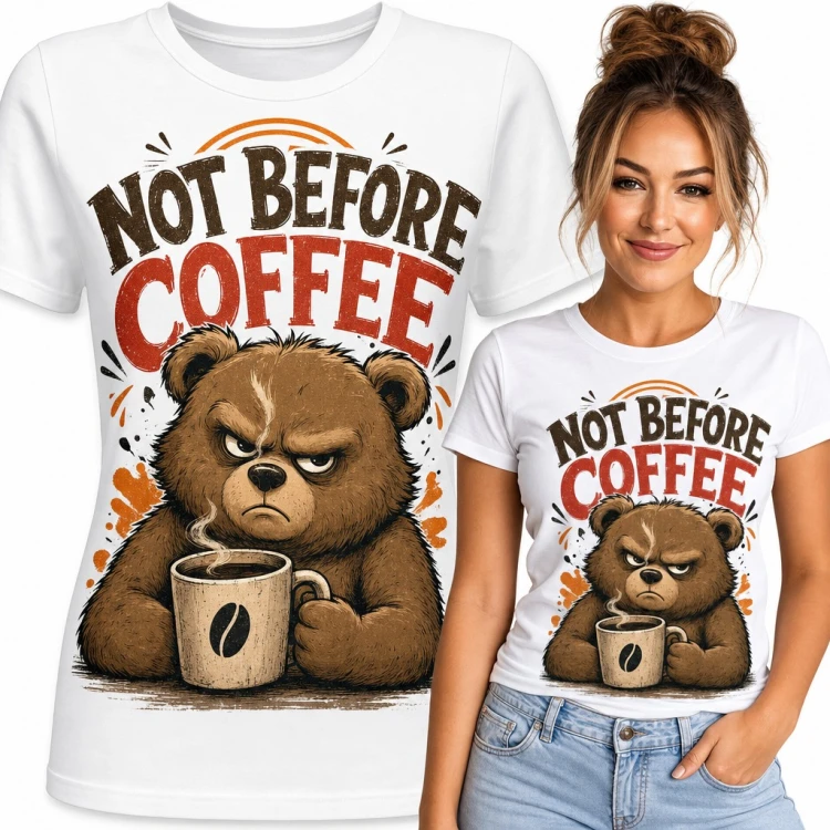 Koszulka damska „Not before coffee” - zły miś z kubkiem kawy dla kawoszki