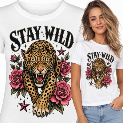 Koszulka damska z leopardem i różami w stylu tattoo - „Stay Wild”