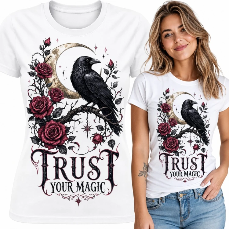 Koszulka damska z krukiem, różami i półksiężycem „Trust your magic”
