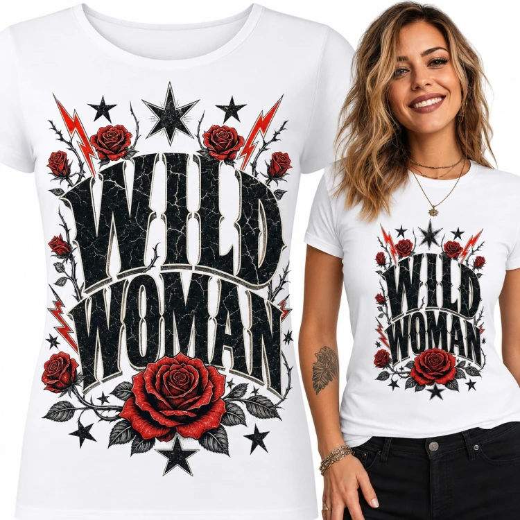 Koszulka damska „Wild Woman” - rockowe róże, gwiazdy i błyskawice