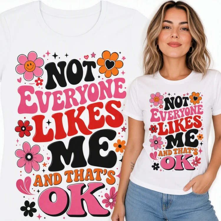 Koszulka damska z napisem „Not everyone likes me and that's OK” - groovy retro z kwiatami