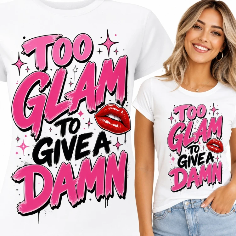 Koszulka damska „Too Glam to Give a Damn” - graffiti z czerwonymi ustami