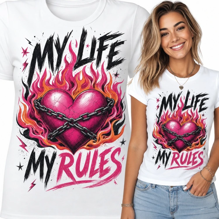 Koszulka damska „My Life My Rules” - różowe serce w łańcuchach i płomieniach