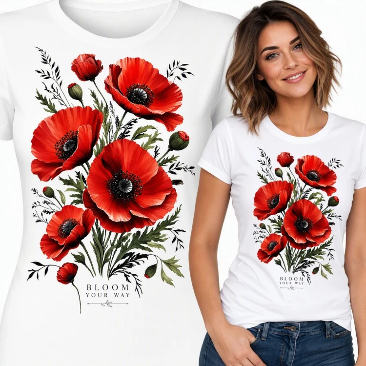 Koszulka damska z czerwonymi makami i napisem „Bloom your way”