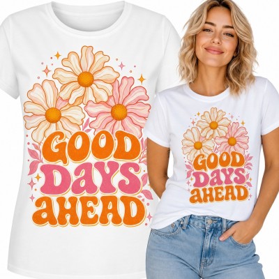 Koszulka damska „Good days ahead” - retro kwiaty w stylu groovy