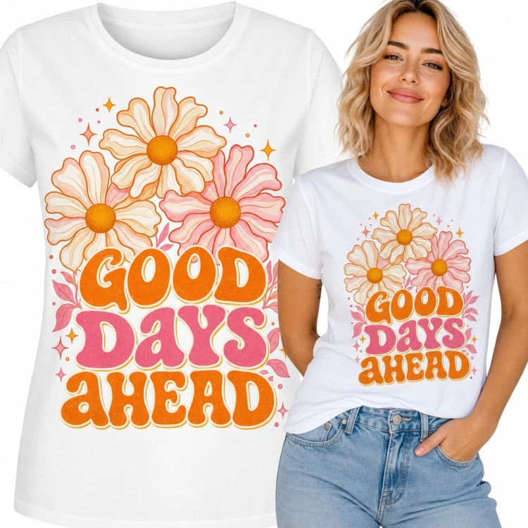 Koszulka damska „Good days ahead” - retro kwiaty w stylu groovy