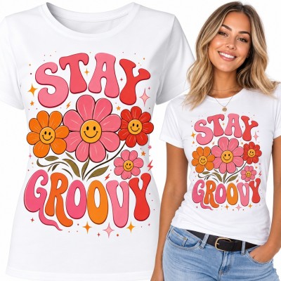 Koszulka damska „Stay groovy” - uśmiechnięte kwiaty w stylu retro lat 70