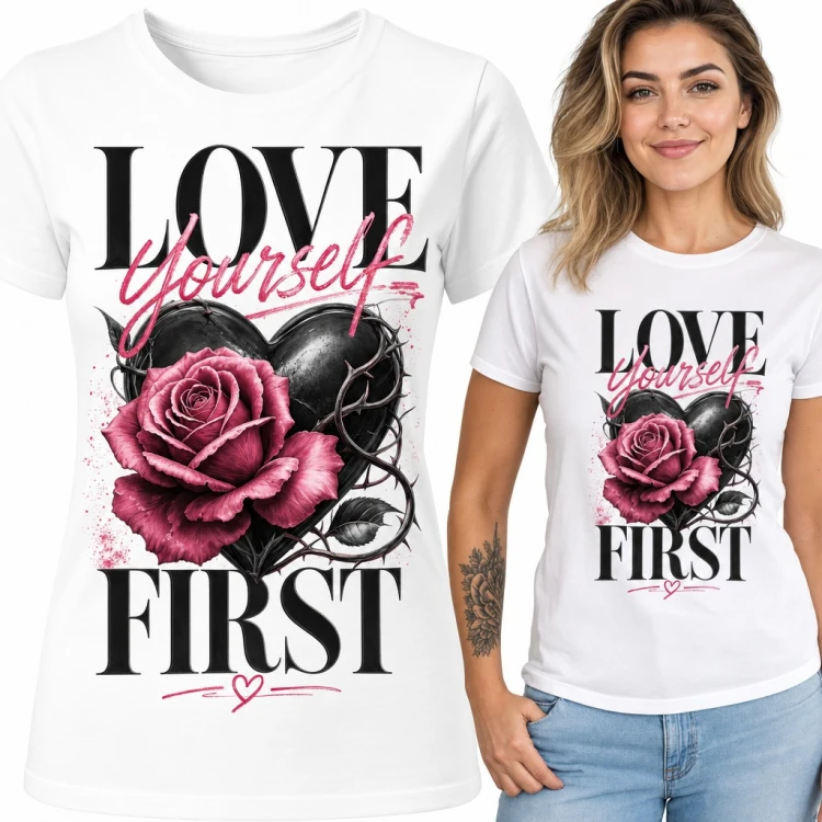Koszulka damska „Love yourself first” - czarne serce z różową różą i cierniami