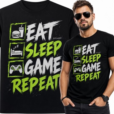 Koszulka męska dla gracza „Eat Sleep Game Repeat” - gamingowy nadruk