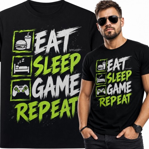 Koszulka męska dla gracza „Eat Sleep Game Repeat” - gamingowy nadruk