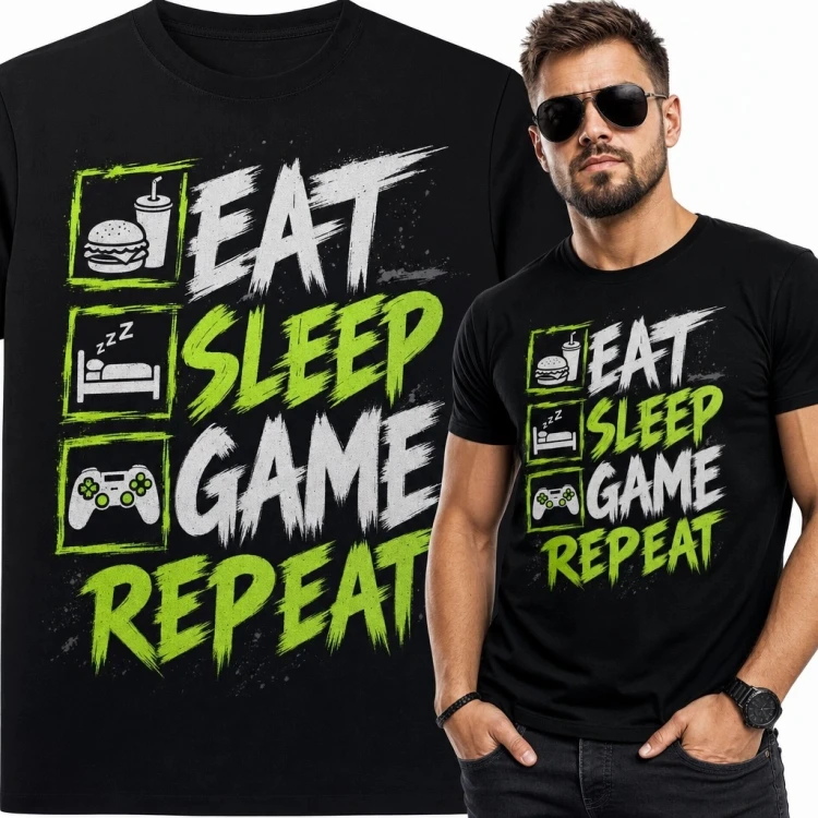 Koszulka męska dla gracza „Eat Sleep Game Repeat” - gamingowy nadruk