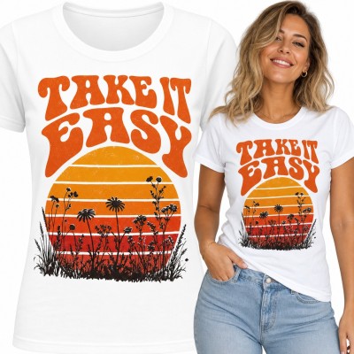 Koszulka damska „Take it easy” - retro zachód słońca z polnymi kwiatami