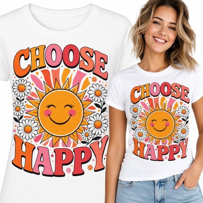 Koszulka damska „Choose happy” - uśmiechnięte słońce retro ze stokrotkami