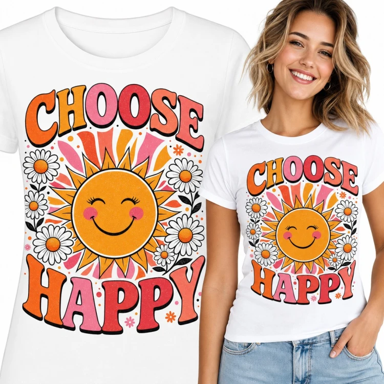 Koszulka damska „Choose happy” - uśmiechnięte słońce retro ze stokrotkami