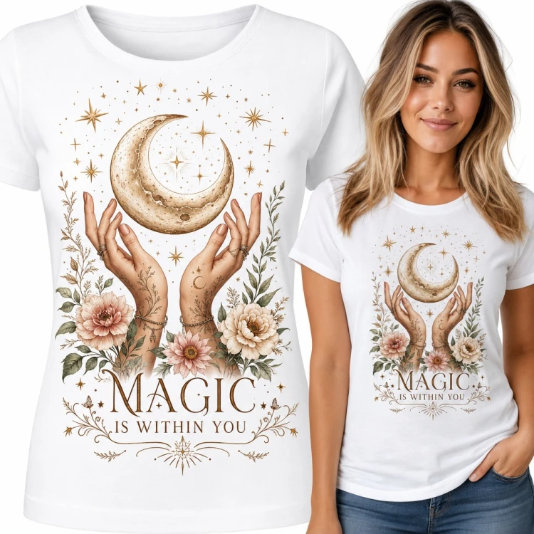 Koszulka damska z półksiężycem w dłoniach i kwiatami „Magic is within you”