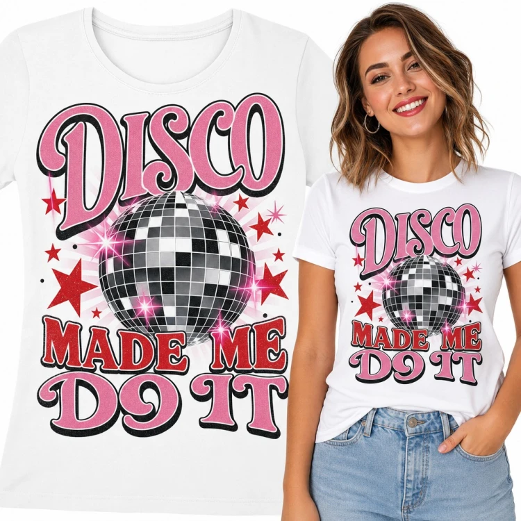 Koszulka damska „Disco made me do it” - kula disco i gwiazdy retro