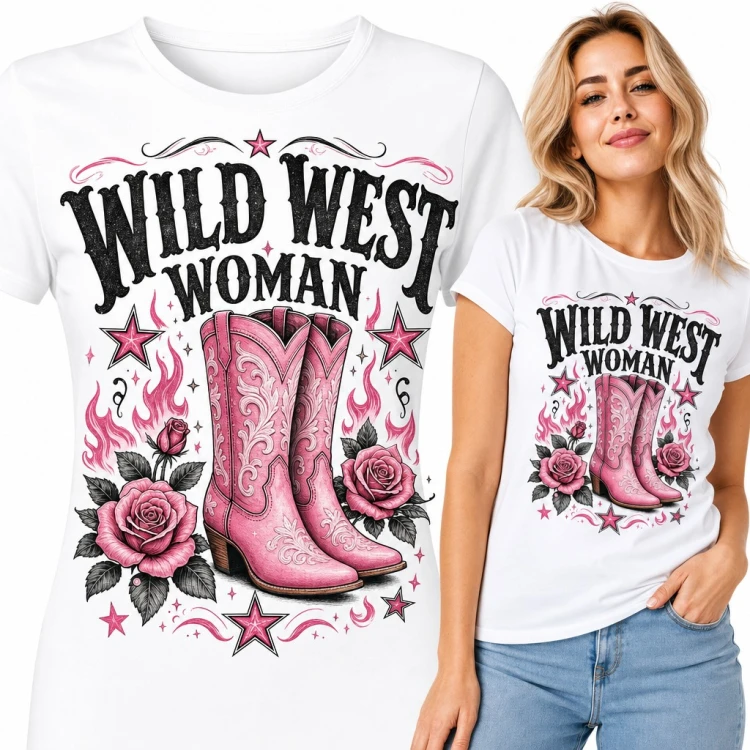 Koszulka damska „Wild West Woman” - różowe kowbojki i róże w stylu western