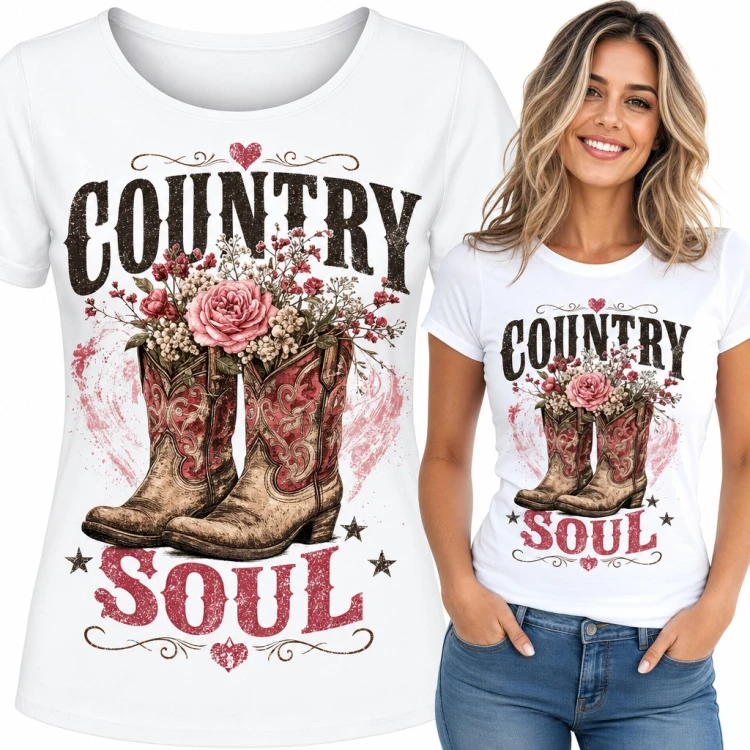 Koszulka damska „Country Soul” - kowbojki z bukietem róż w stylu western