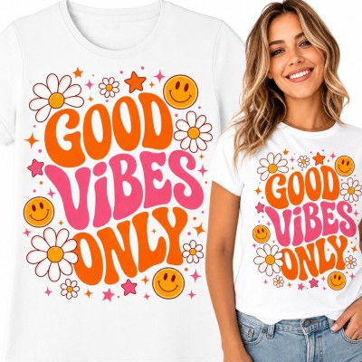Koszulka damska „Good vibes only” - retro stokrotki i uśmiechnięte buźki