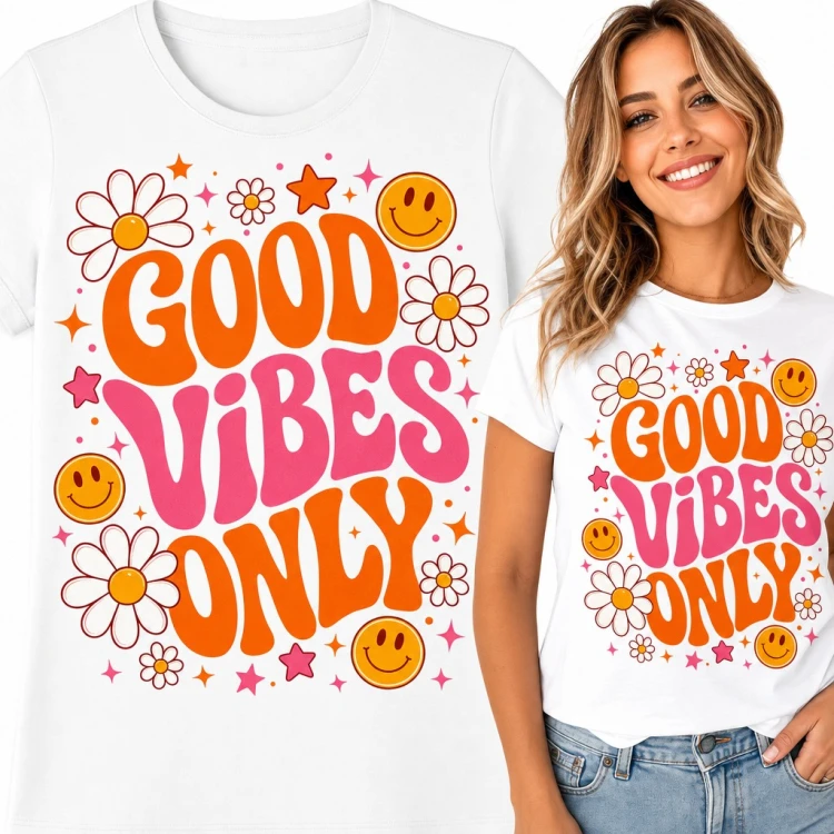 Koszulka damska „Good vibes only” - retro stokrotki i uśmiechnięte buźki