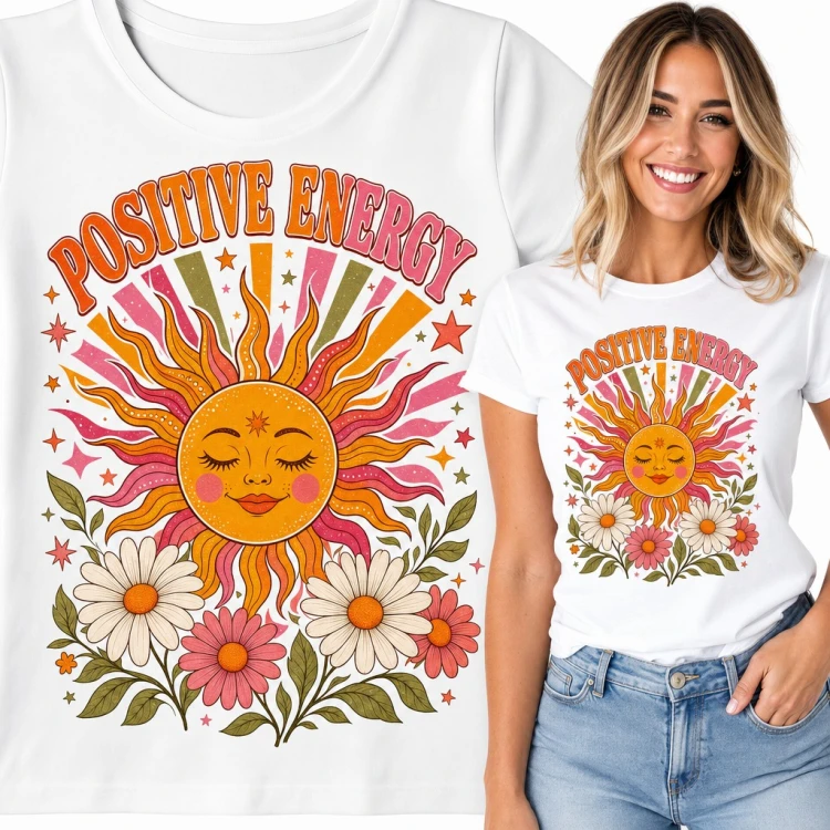Koszulka damska boho ze słońcem i stokrotkami „Positive energy”