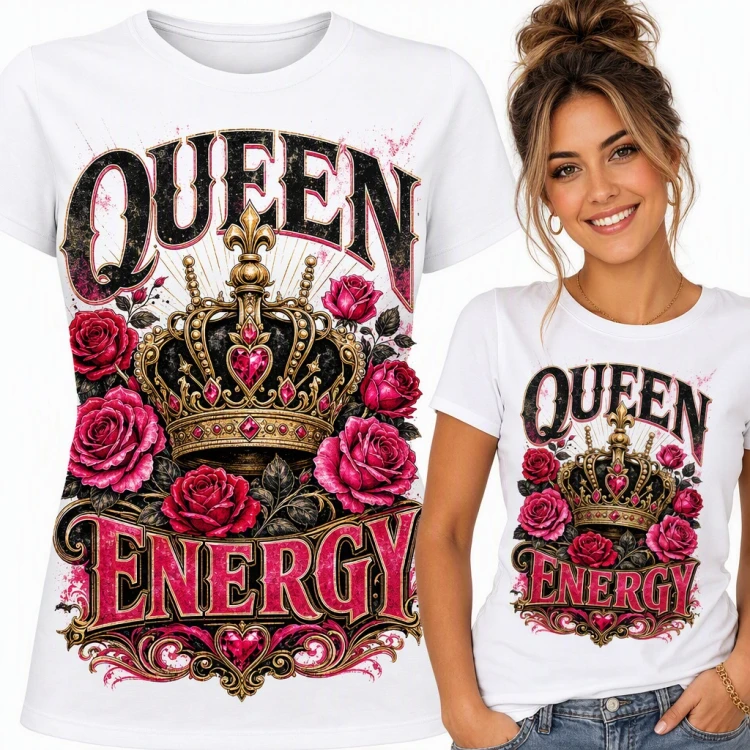 Koszulka damska „Queen energy” - złota korona wśród róż