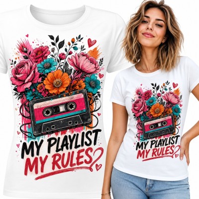 Koszulka damska z kasetą retro i kwiatami „My playlist my rules”