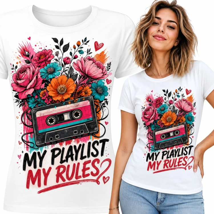 Koszulka damska z kasetą retro i kwiatami „My playlist my rules”
