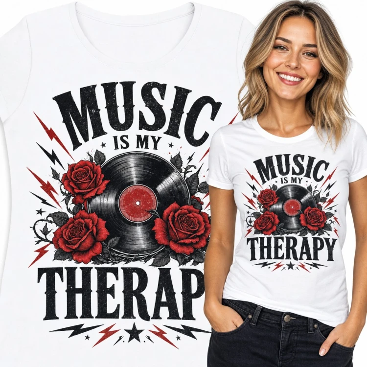 Koszulka damska „Music is my therapy” - płyta winylowa z czerwonymi różami
