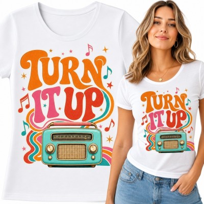 Koszulka damska z retro radiem i nutami „Turn It Up” w stylu lat 70